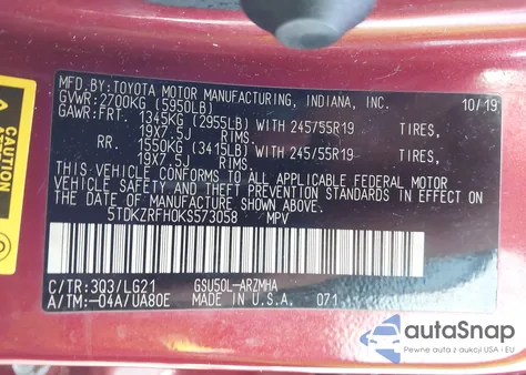 2019 Toyota Highlander Se из США, поврежденный, VIN 5TDKZRFH0KS573058